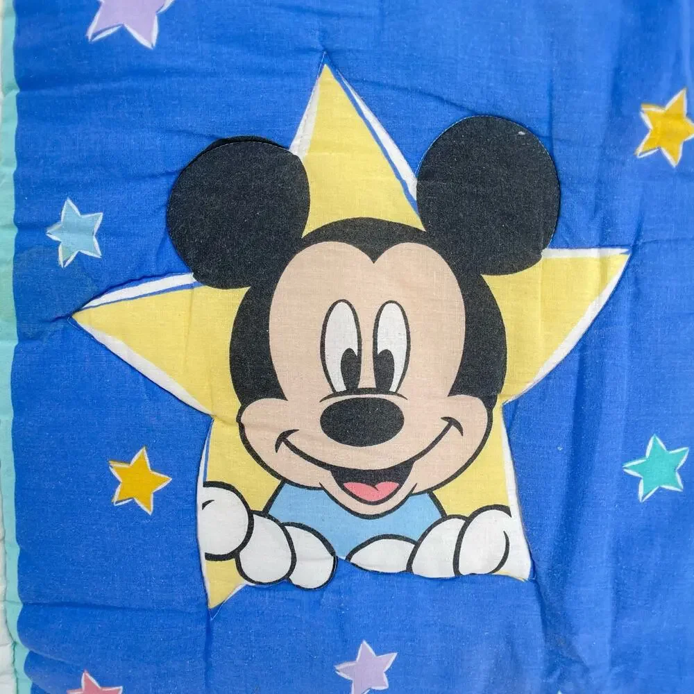 Vtg Disney Babies Quilt Mickey Minnie Stars Hearts Shapes Nursery Baby Blanket